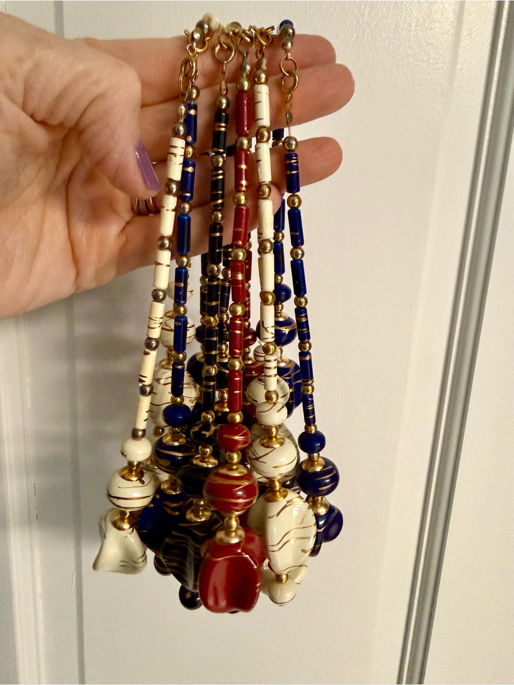 Bundle of 7 Red, Blue, Black & Cream w/ Gold Accents Bead Statement Necklaces